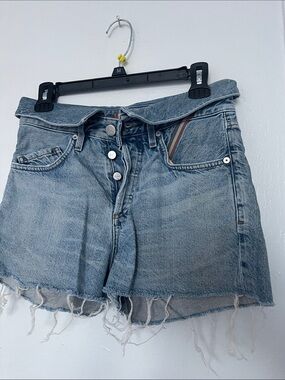 Frayed Hem Light Blue Denim Button-Fly Shorts